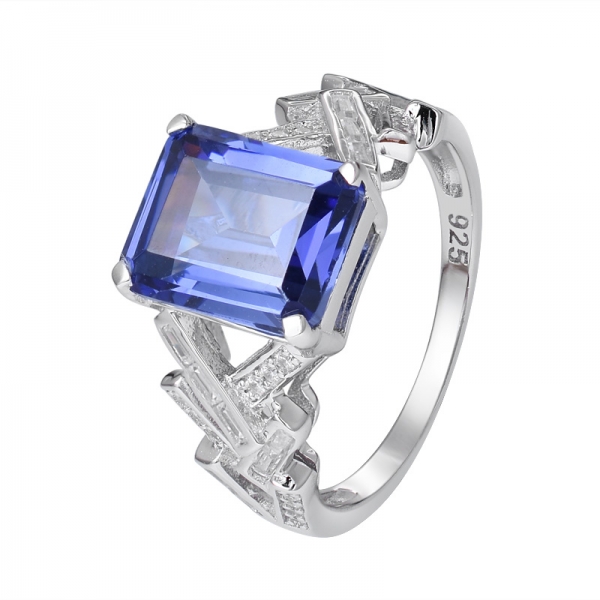 Blue Tanzanite Created Emerald Cut Rhodium Over 925 Sterling Silver ring set jewelry 
