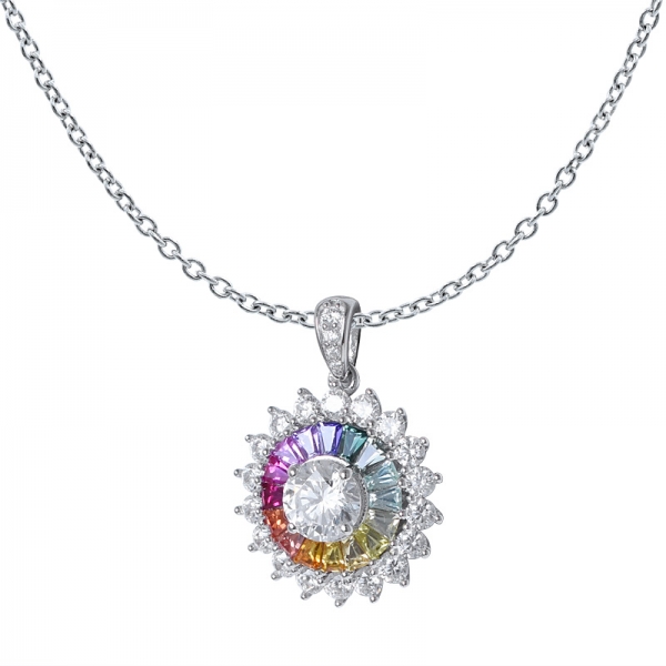 Colorful Taper Sapphire simulated Rhodium Over 925 Sterling Silver rainbow pendant 