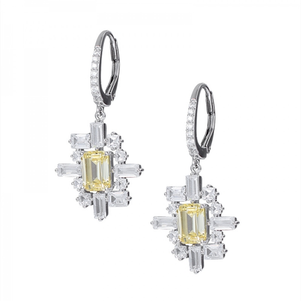 1 ct Created Yellow Diamond Emerald Cut Rhodium over Sterling Silver dangle earring 