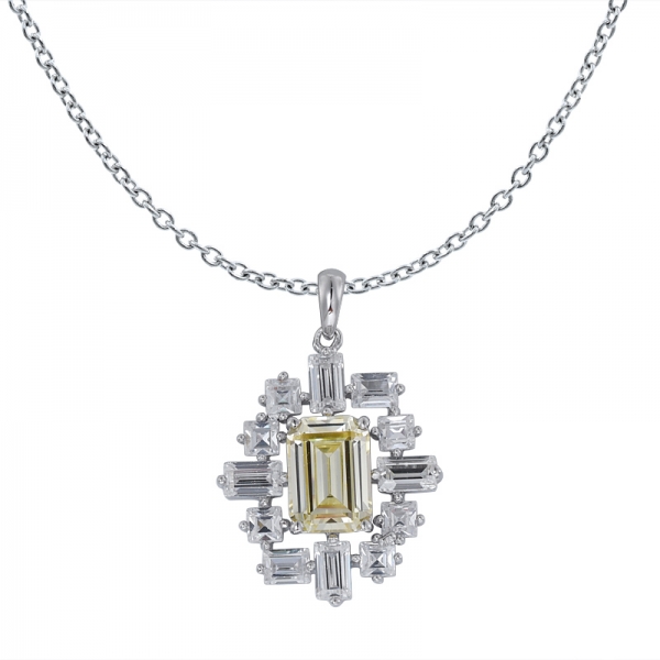 Created Yellow Diamond Emerald Cut Rhodium over Sterling Silver pendant for women 