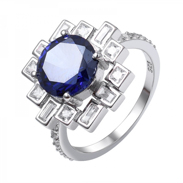 Blue Tanzanite Created Round Cut Rhodium Over 925 Sterling Silver ring 