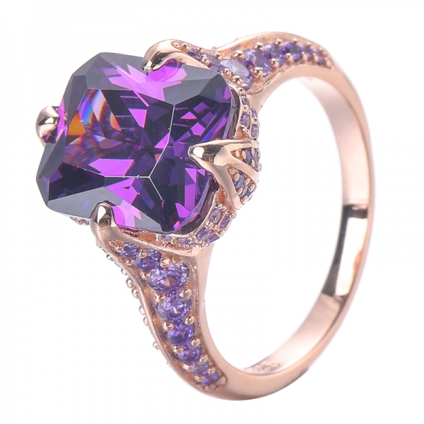 Emerald Cut Purple Amethyst Engagement Ring CZ Diamond Wedding Ring 