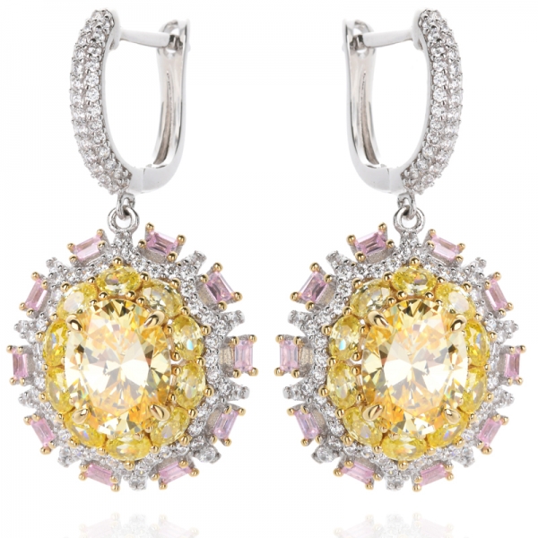 Oval Cut lab created Yellow diamond 2-tone plated Over sterling silver dangle earring 