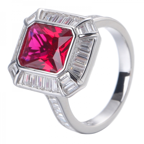 Ruby Corundum Lab created Princess Cutting Swarovski Zirconia  Rhodium Over Sterling engagement ring 