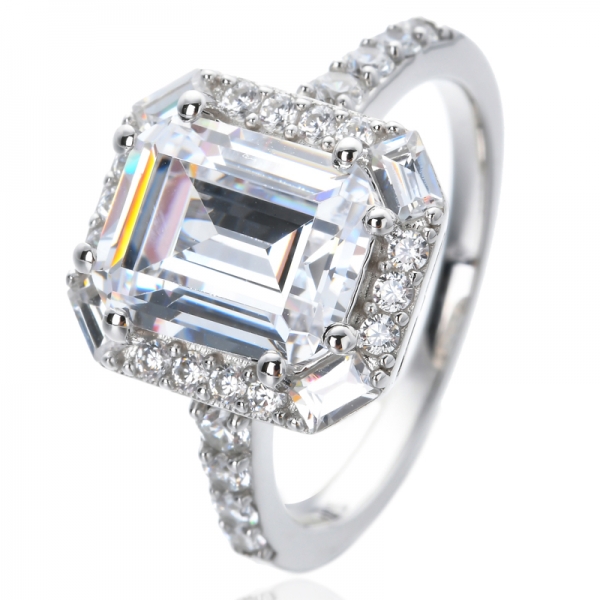 White Cubic zirconia Emerald Cut Rhodium over sterling silver wedding engagement rings 