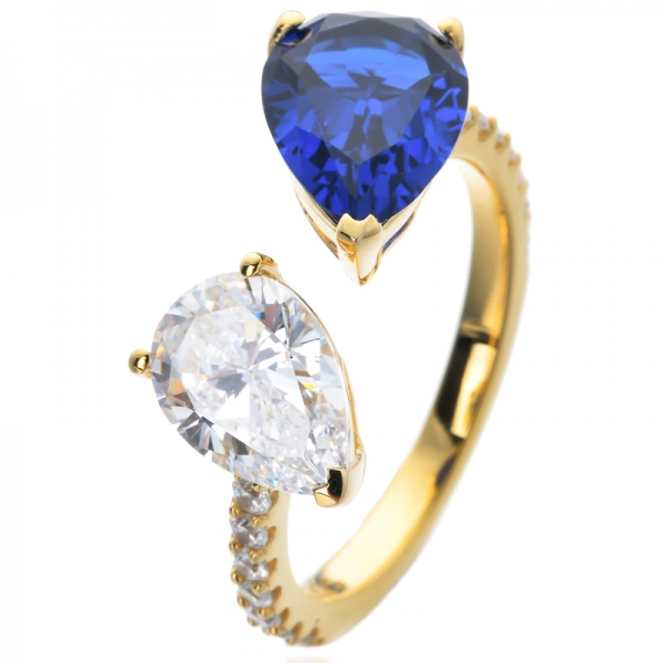 Blue Sapphire&White Cubic zirconia Pear cut yellow gold Over Sterling silver sapphire engagement ring 
