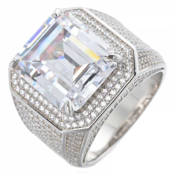 White Cubic zirconia Emerald Cut Rhodium over sterling silver wedding engagement rings 