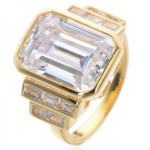 18K Gold Plated Cubic Zirconia Emerald Cut  Lustrous Ring Band for Women 