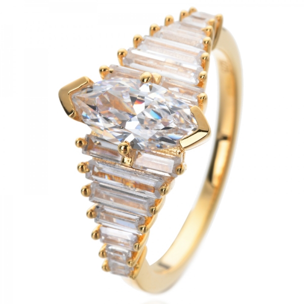Sterling Silver Marquise Cut Cubic Zirconia and Baguette 18k yellow gold plated Bridal Engagement Ring 