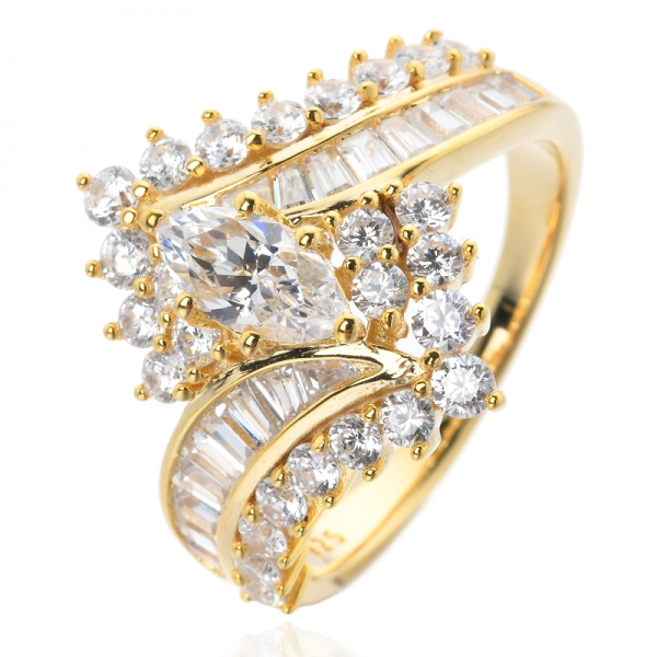 Yellow Gold-Plated Sterling Silver Baguette&marquse Cubic Zirconia Step Cut Engagement Ring 