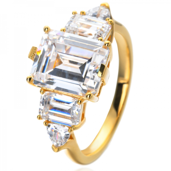 4CT Clear Emerald Cut Cubic Zirconia Thin Pave AAA CZ Art Deco Style yellow Gold Plated .925 Sterling Silver Engagement Promise Ring 