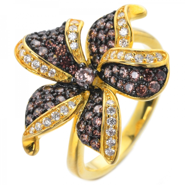Gold Color Women Fashion Jewelry Coffee Brown cz flower Ring 