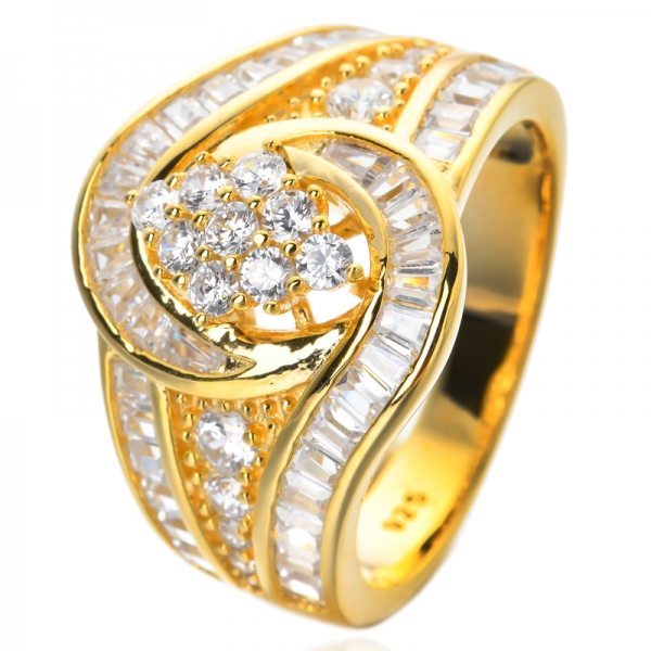 18K Yellow Gold Over Sterling Silver White trape and Round cz Diamond Bypass Cluster Ring 