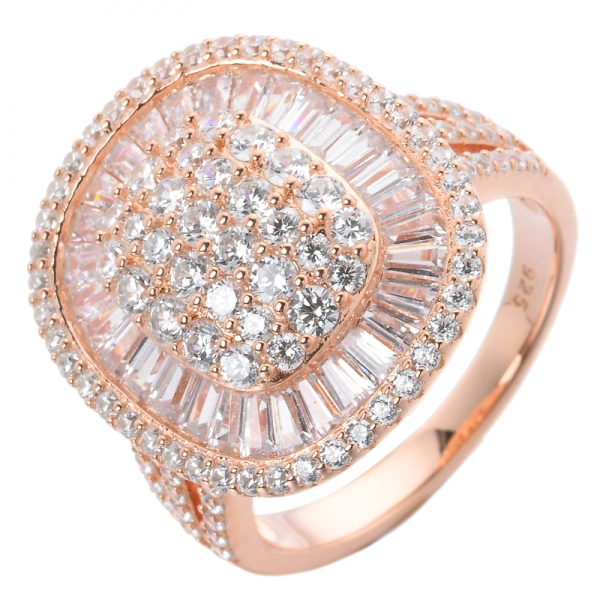18K Rose Gold trapezoid and Round Diamond Cluster cz Ring 