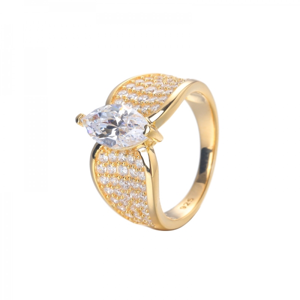 White Marquise Cubic zirconia pave small stone Yellow gold over sterling silver marquise engagement rings 