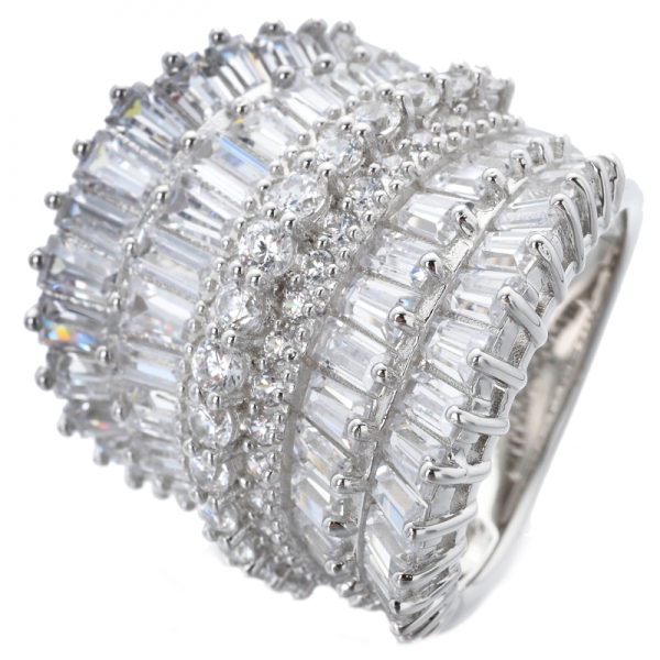 White Gold Plated baguette&trapezoid cut Cubic Zirconia Eternity Statment Ring 