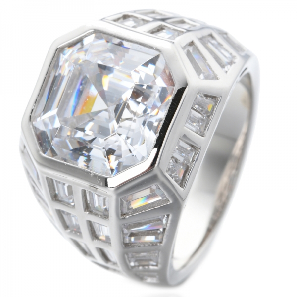 Rhodium Plated Sterling Silver Asscher Cut Cubic Zirconia Statement Engagement Ring 