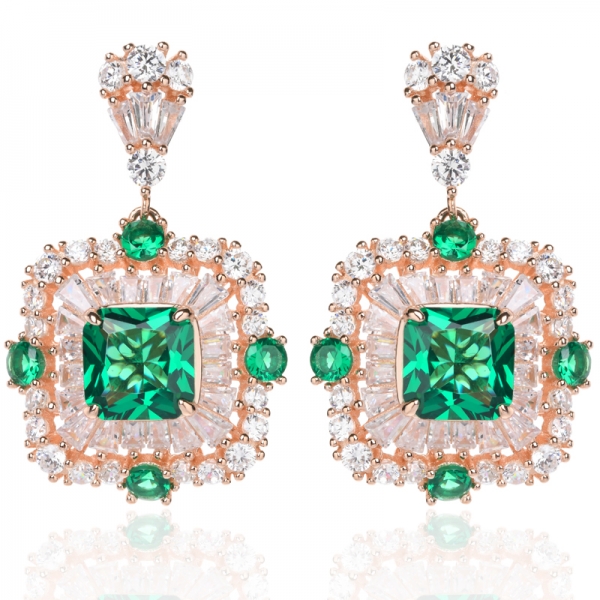 925 Sterling Silver Square cut Created Green Emerald Dangle Earring 