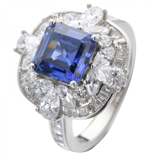 Simulated Tanzanite Asscher cut Sterling Silver Halo Ring 
