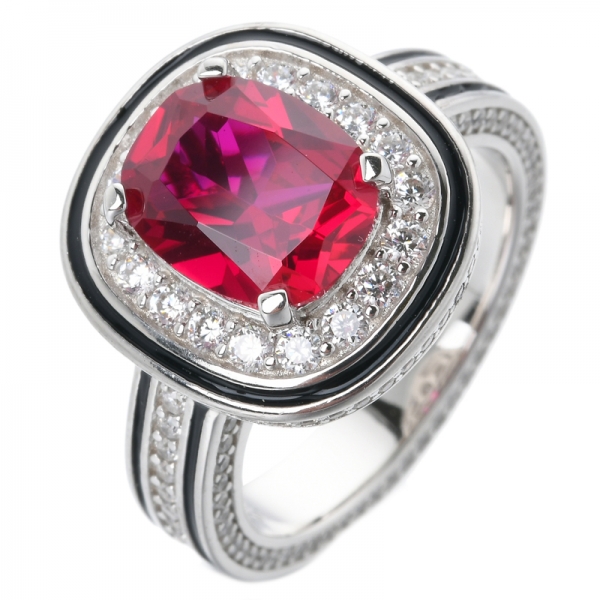 Art Nouveau Style Enamel Ring with Created Ruby Stone Cushion Cut Sterling silver ring 