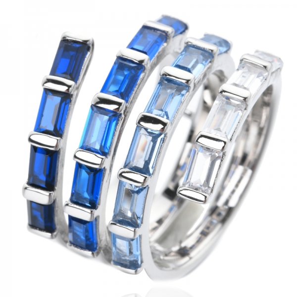 Sterling Silver Rhodium baguette cut Blue Spinel Eternity Gemstone Engagement Band Ring 