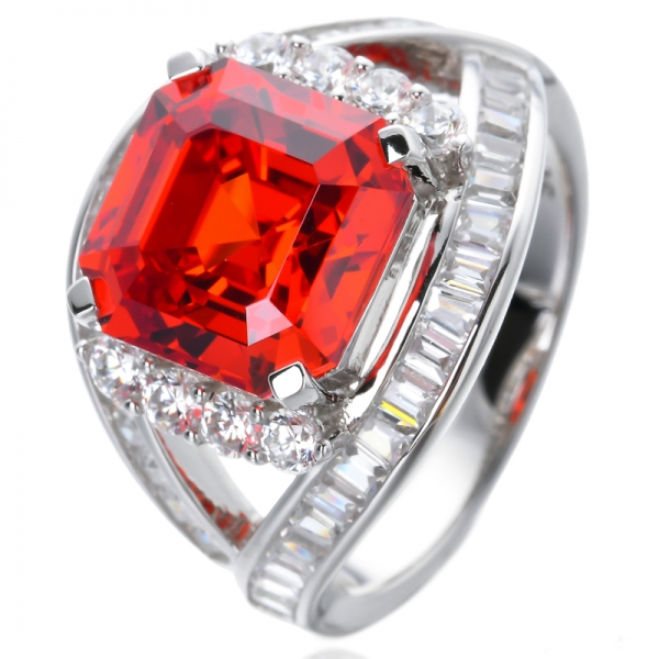 925 Sterling Silver Created Padparadscha Sapphire Asscher Cut Cocktail Ring 