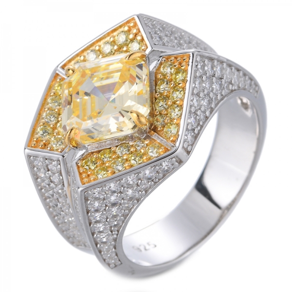 Art Deco Style Canary Yellow AAA CZ Asscher Cut Engagement Band Ring For Women 
