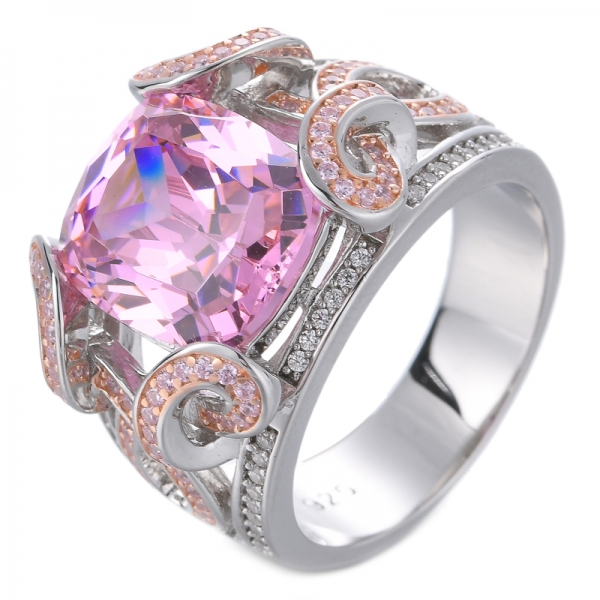 Simulated Morganite Rose-Tone Sterling Silver Cushion Pave Ring 
