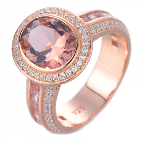 Rose Gold Plated Sterling Silver Oval Created Morganite Cubic Zirconia Cushion Cut  Halo Ring 