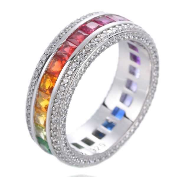 Rainbow Square Zircon Engagement Ring Colorful Stackable Eternity Band Ring 