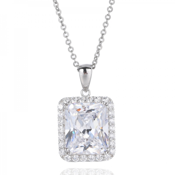 18k White Gold Plated Princess Cut Halo Pendant Necklace 