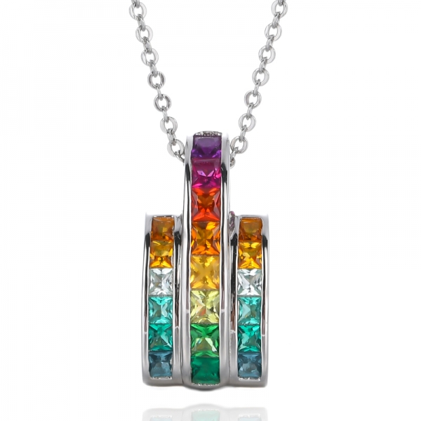 Women's Rainbow Crystal Rhinestone Square Princess Bar Pendant Necklace 
