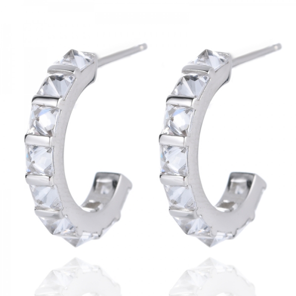925 Sterling Silver Post Princess Cubic Zirconia Hoop Earrings 