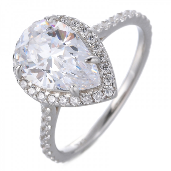 White Gold Plated Teardrop Halo Pear Cut Cubic Zirconia CZ Engagement Wedding Ring 