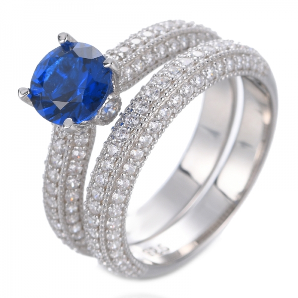 Round Blue Simulated Sapphire 925 Sterling Silver set Ring 