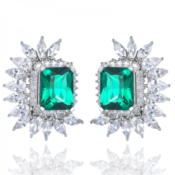 925 Emerald Octagon & White Mariquesa Rhodium Plating Over Sterling Silver Earrings 