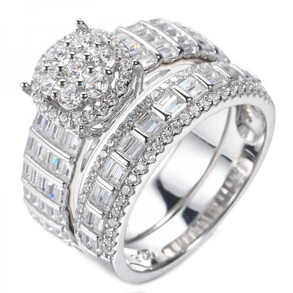 Rhodium Plated Sterling Silver White Baguette CZ Ring Set 