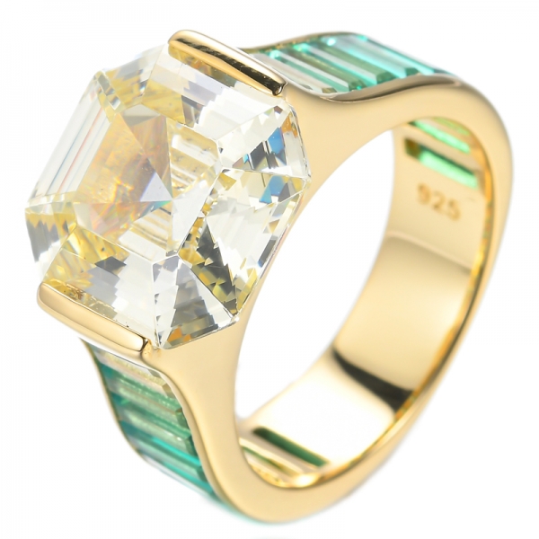 Asscher Cut Canary And Baguette Emerald Green Yellow Gold Plated Silver Ring 