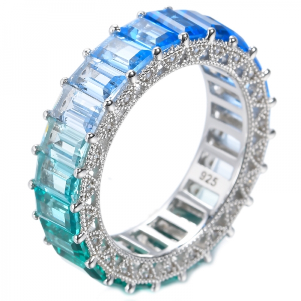 925 Silver Emerald Cut Rainbow Eternity Ring With Yellow Gold Plating 