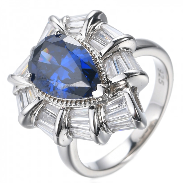 925 Pear Blue Tanzanite And White Cubic Zirconia Rhodium Plated Silver Ring 