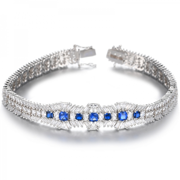 Lab-Created Blue Sapphire And White Cubic Zircon Rhodium Plating Silver Bracelet 