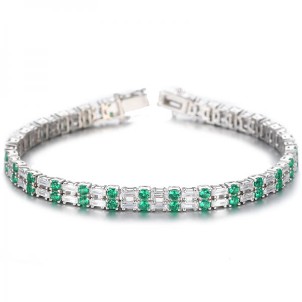 Round Green Emerald And White Baguette Cubic Zircon Rhodium Silver Bracelet 