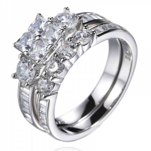 Sterling Silver Princess Cut Cubic Zirconia CZ Wedding Engagement Ring Set 