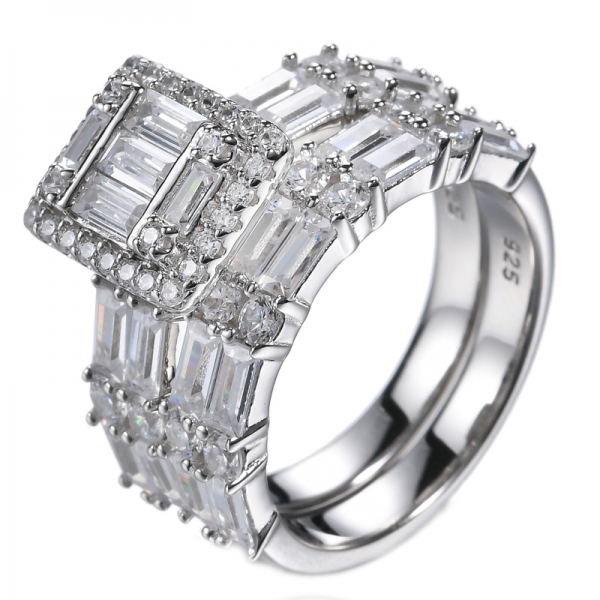 Platinum Over Sterling Silver Womens Bridal Rings Set Baguette Cut Cubic Zirconia 