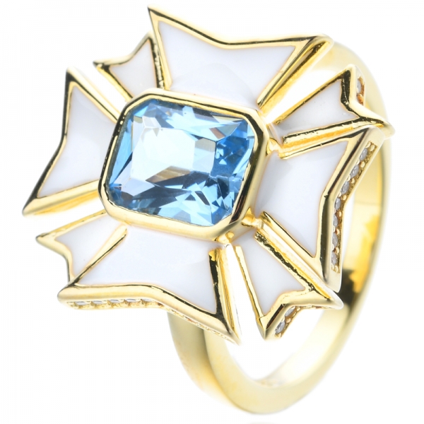 White Enamel 18k Yellow Gold Plating Silver Ring With Blue Topaz Center 