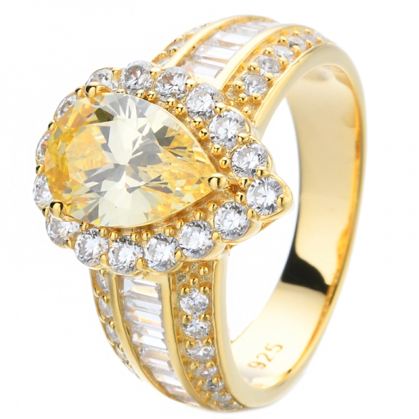 Pear Canary Cubic Zirconia Center 18K Yellow Gold Plating Silver Ring 