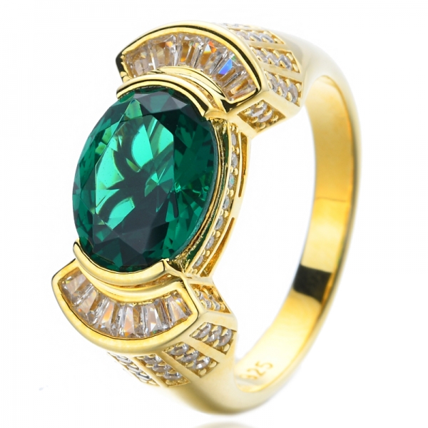 Oval Green Emerald Center 18K Yellow Gold Plating Sterling Silver Ring 