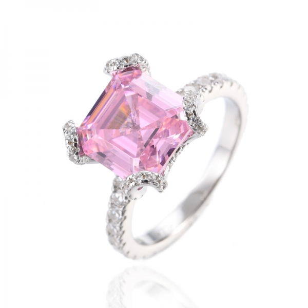 925 Accent Cut Pink Cubic Zirconia Rhodium Plating Silver Bridal Ring 
