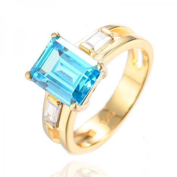 925 Emerald Cut Aquamarine Cubic Zirconia 18K Yellow Gold Plating Silver Ring 