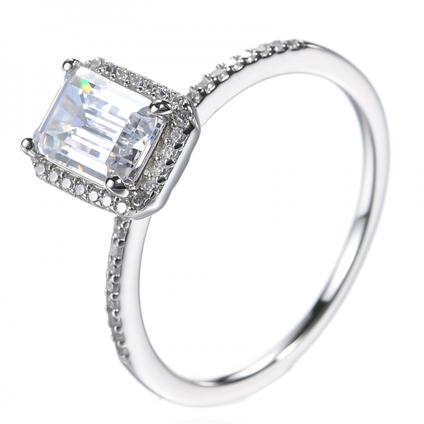 Sterling Silver AAA CZ Emerald Cut Created Diamond Halo Engagement Ring 